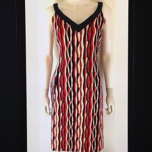 Tocca Geometric Knit Leather Trim Sheath Dress